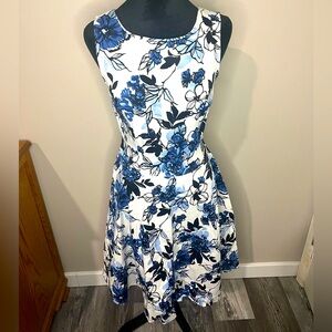 Aranee Blue & White Floral Fit & Flare Dress Women’s Small